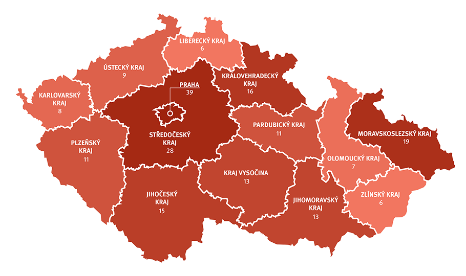 mapa krajů ČR barevně odlišena podle počtu pracovišť která vyšetření provádí mapa krajů ČR barevně odlišena podle počtu pracovišť která vyšetření provádí