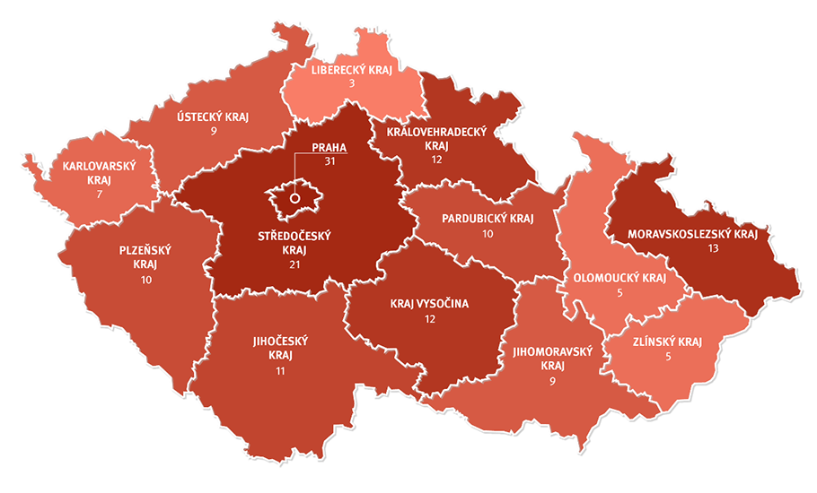 Náhled mapy ČR s jednotlivými počty aktivních zařízení v krajích