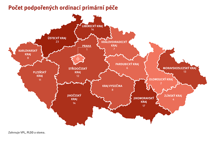 Počet podpořen&yacute;ch ordinac&iacute; prim&aacute;rn&iacute; p&eacute;če - mapa ČR